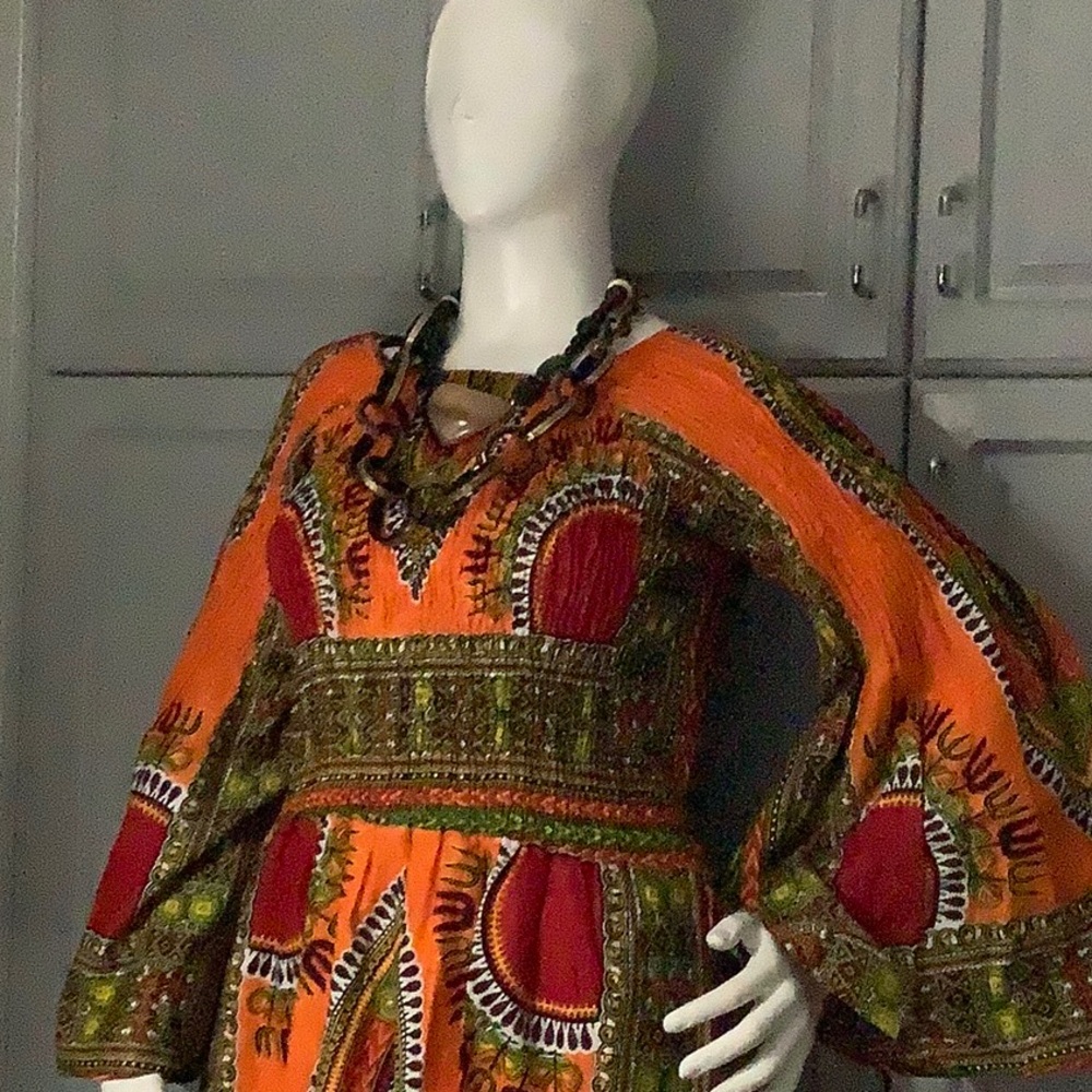 African Design Multi Colored Maxi Dress Only, Bell Shaped Long Sleeve Sz M/L - Picture 2 of 8